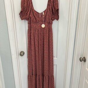 Pink Blush, Pink Floral Puff Sleeve Maxi Dress